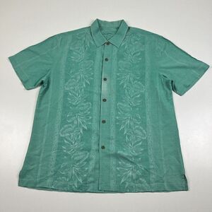 Tommy Bahama Teal Blue Floral Panel 100% Silk Hawaiian Short Sleeve Size XL